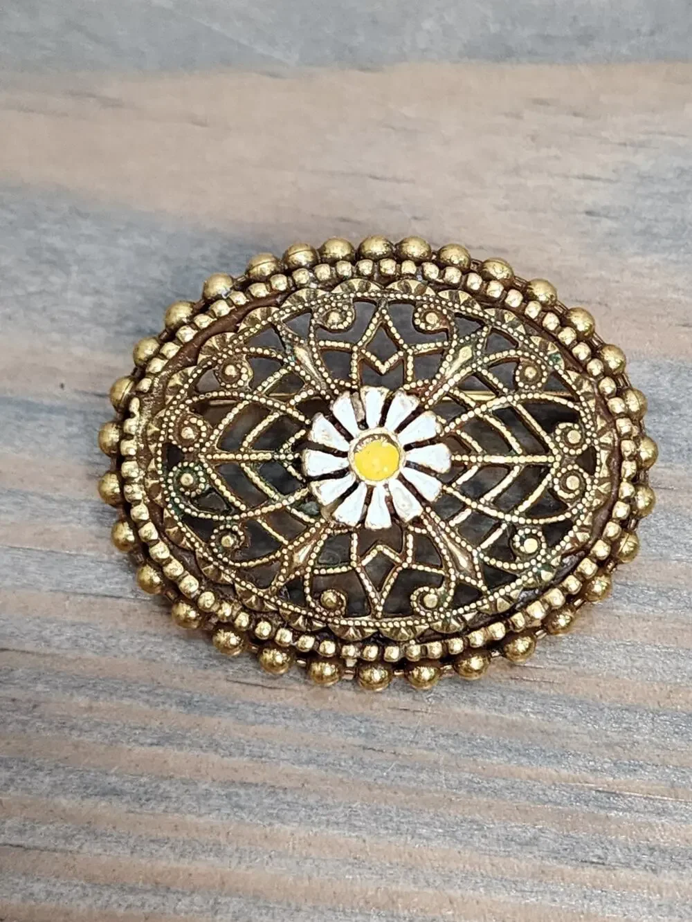 Gold Tone Metal Oval Filigree Brooch Pin, Art Nouveau Theme, No Stone